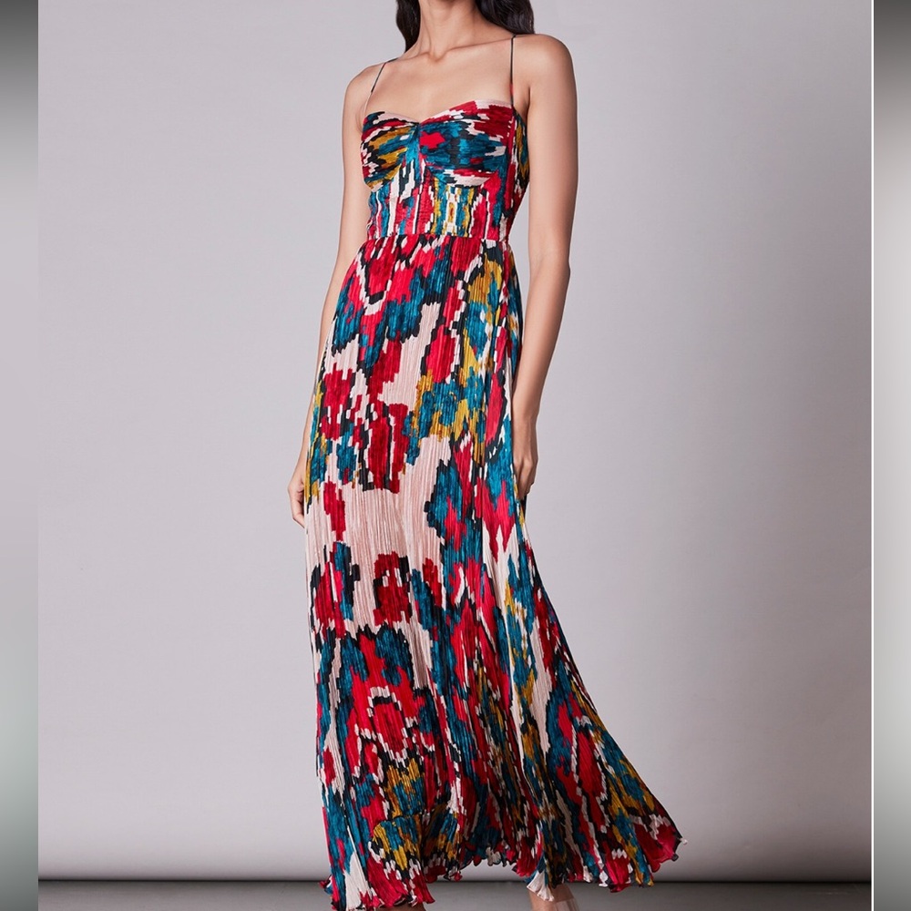 Vibrant Multicolor Pleated Ikat Maxi Dress
